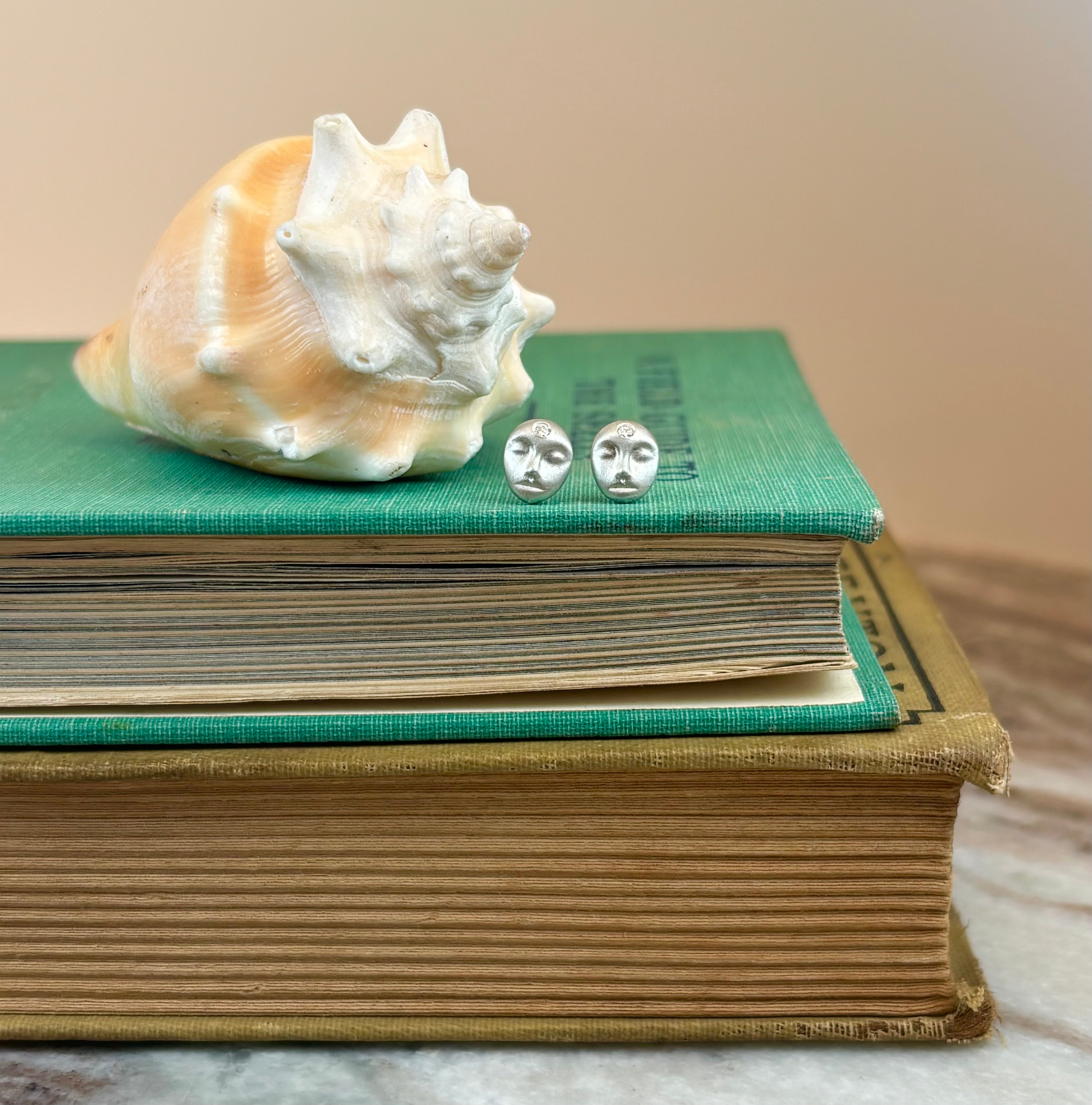 Large Grey Lady Cameo Studs in Bright Silver with Diamonds