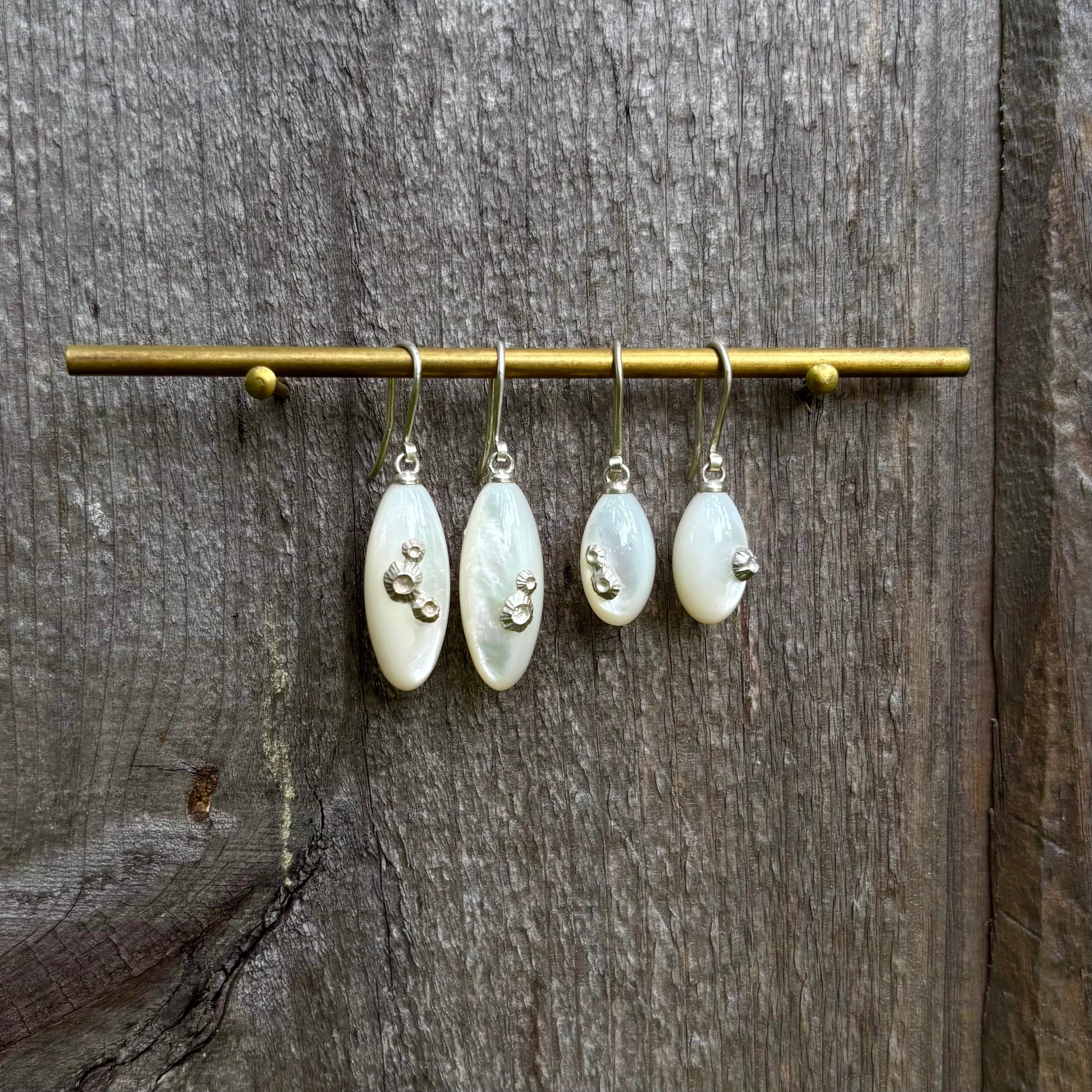 Little Mother of Pearl Ruthie B. Earrings with Sterling Silver Barnacles