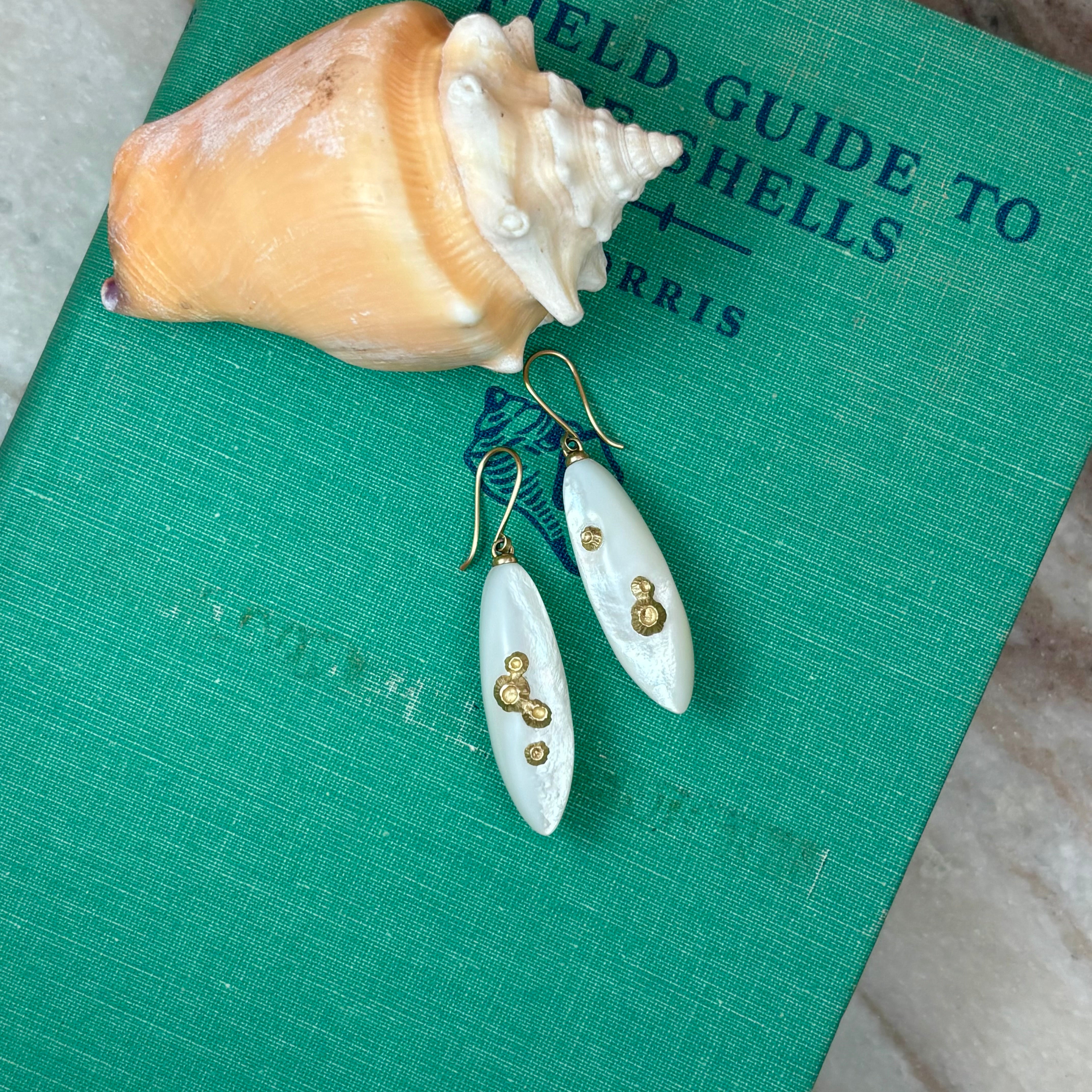 Large Mother of Pearl Ruthie B. Earrings with 14K Gold Barnacles