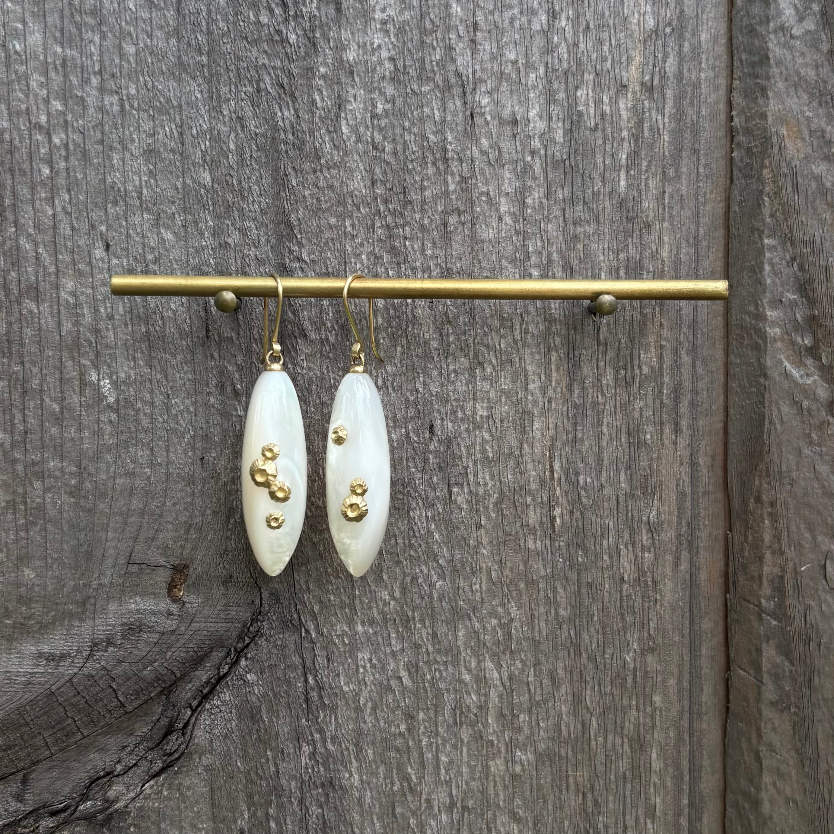 Large Mother of Pearl Ruthie B. Earrings with 14K Gold Barnacles