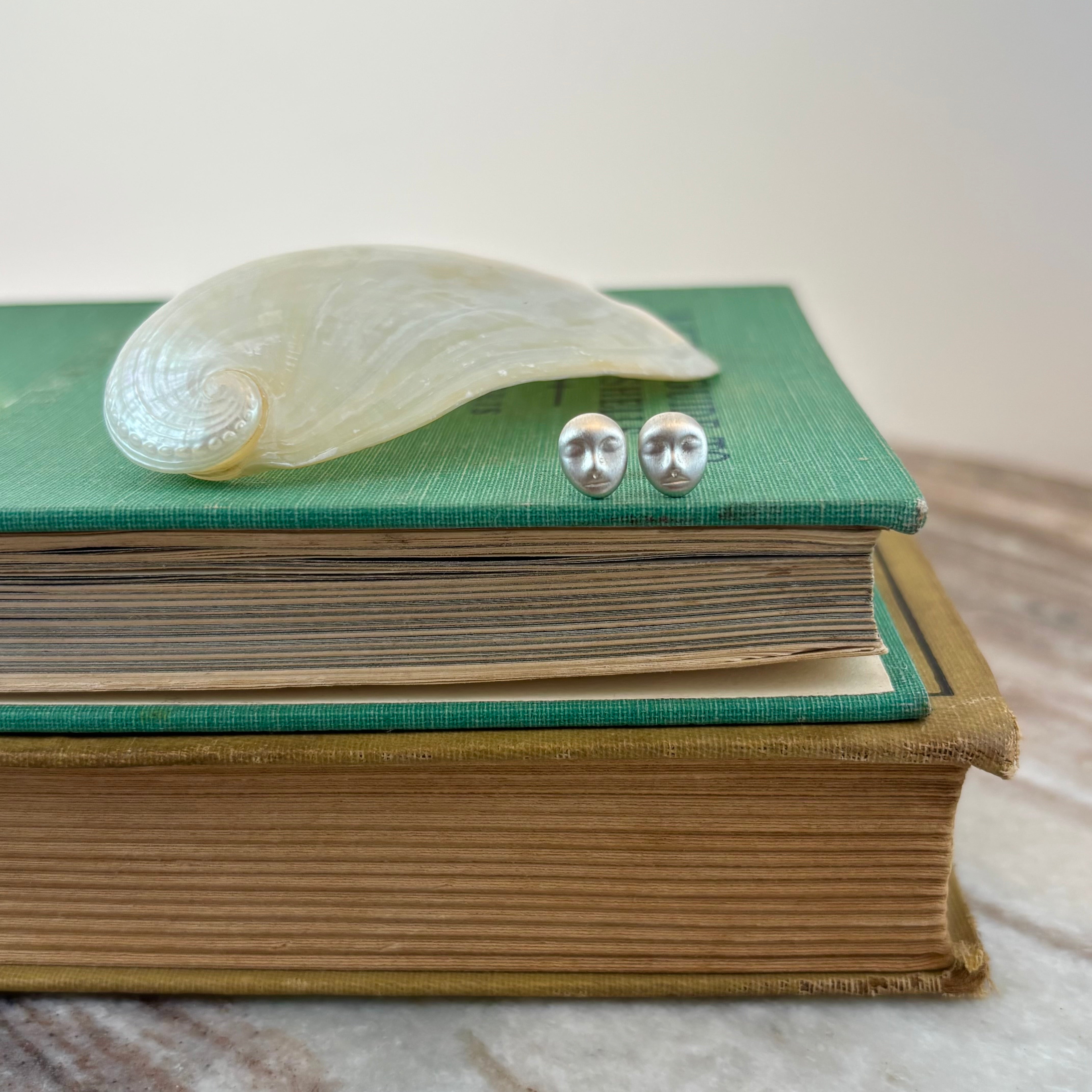 Large Grey Lady Cameo Studs in Bright Silver