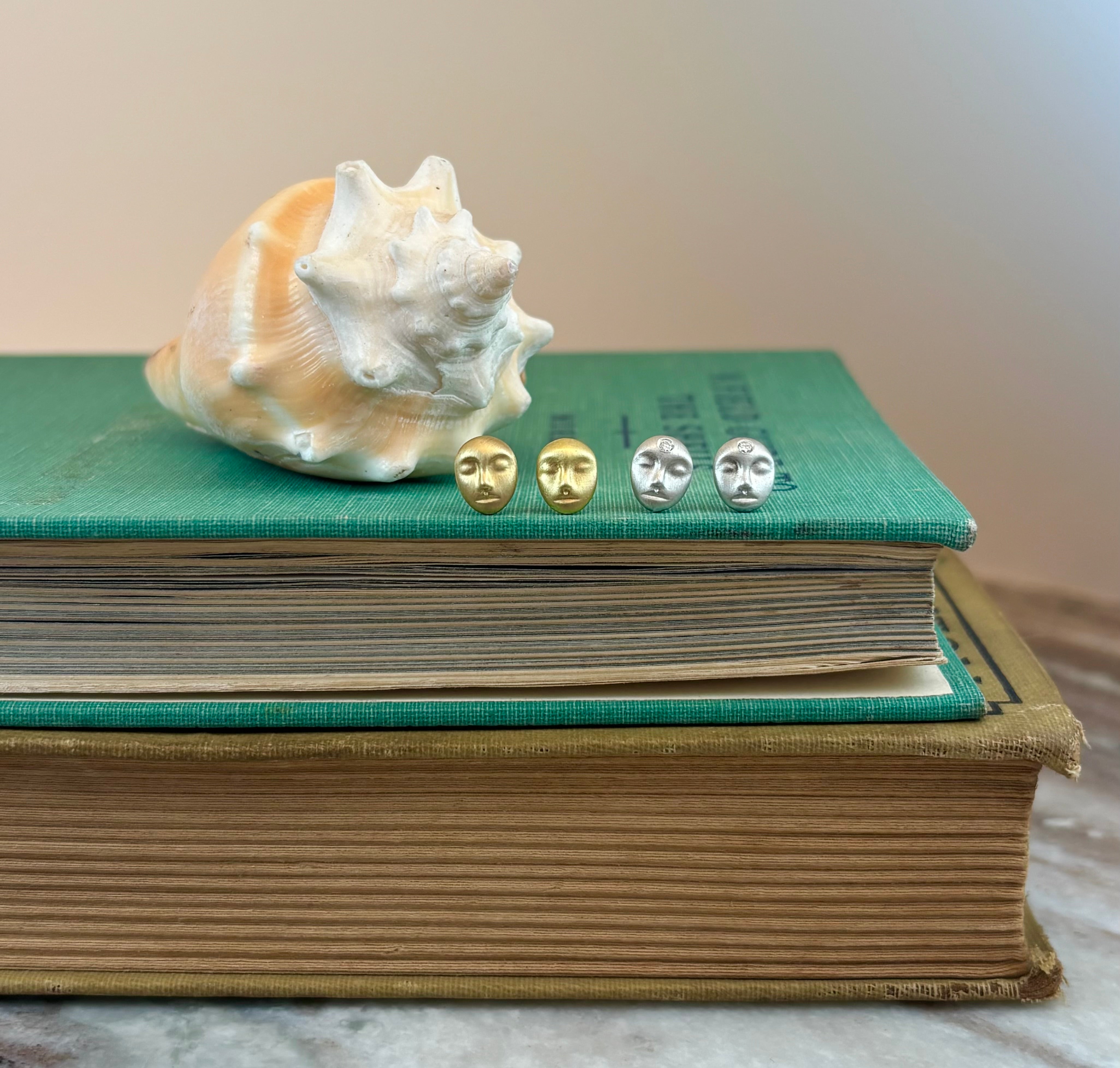 Large Grey Lady Cameo Studs in Bright Silver with Diamonds