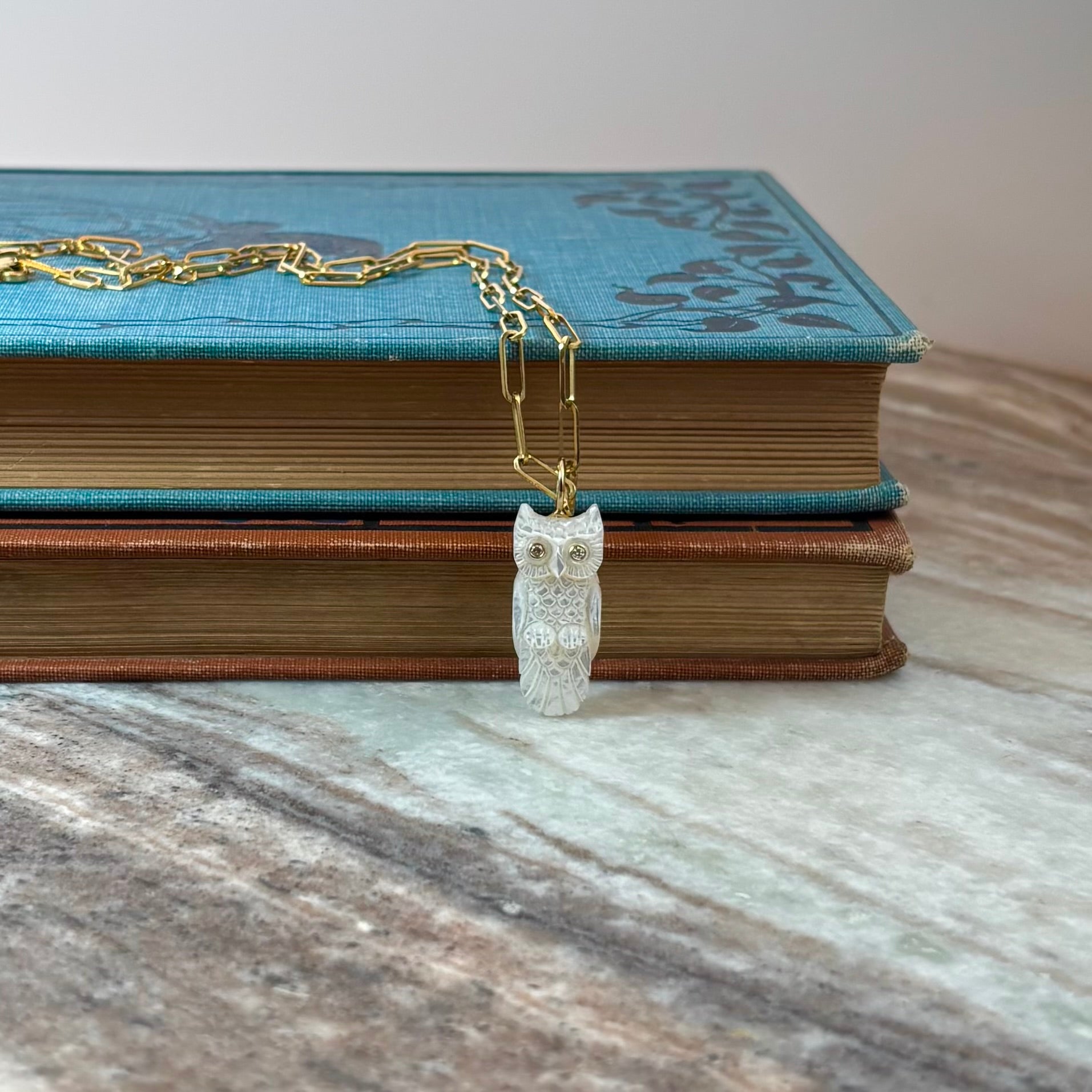 Snowy Mother of Pearl Owl Charm