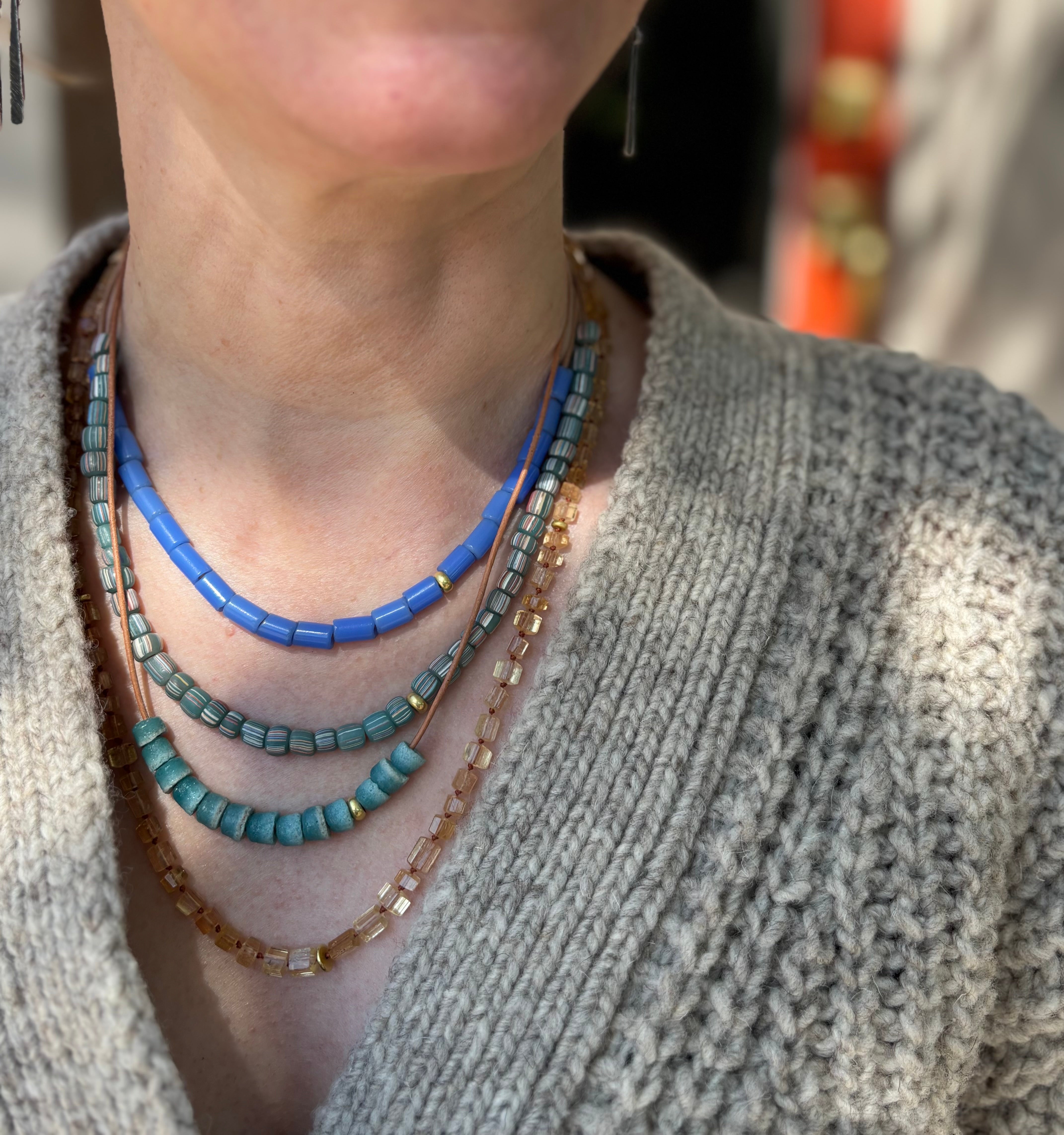 Coastal Slide Necklace in Blue Gooseberry & 20K Gold Beads