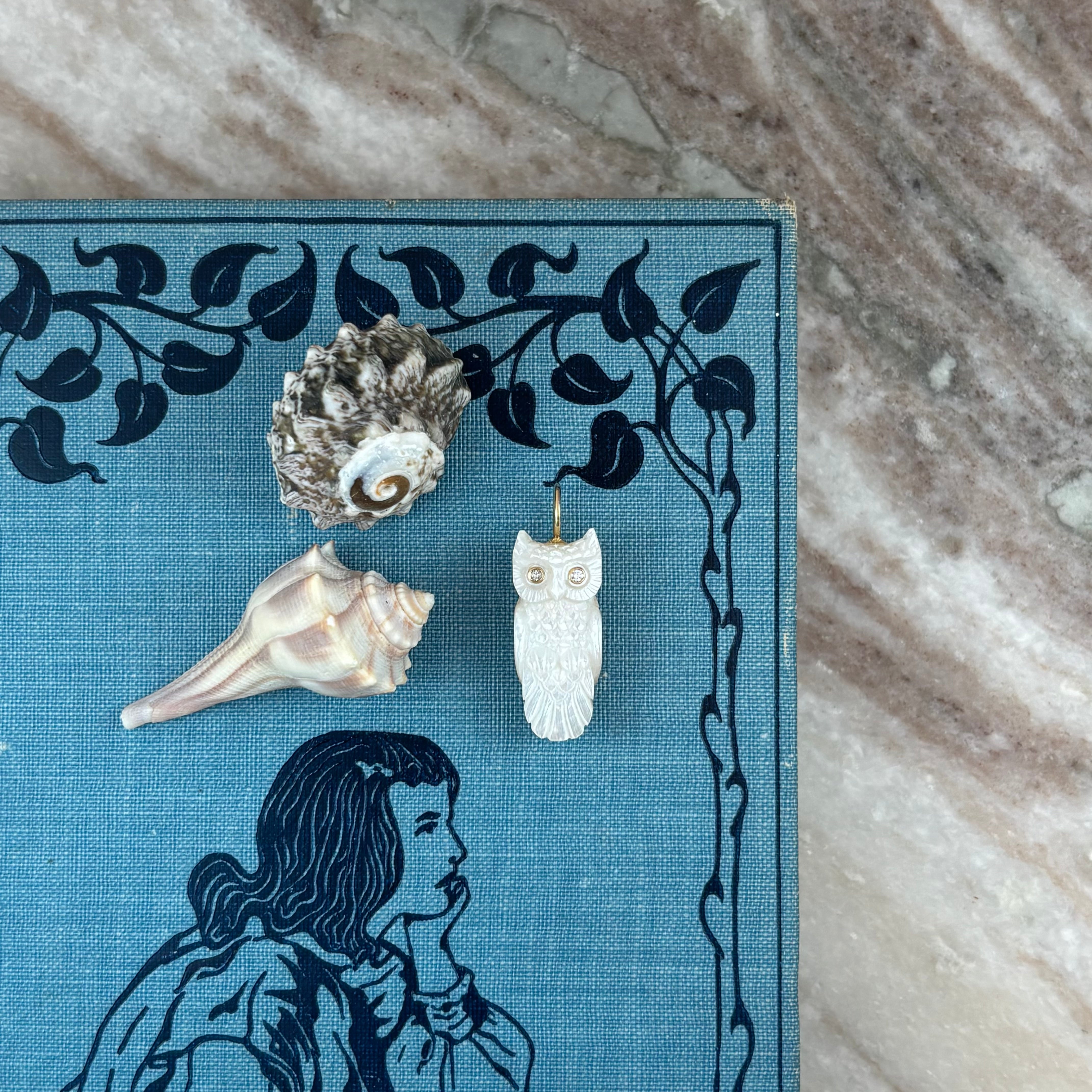 Snowy Mother of Pearl Owl Charm