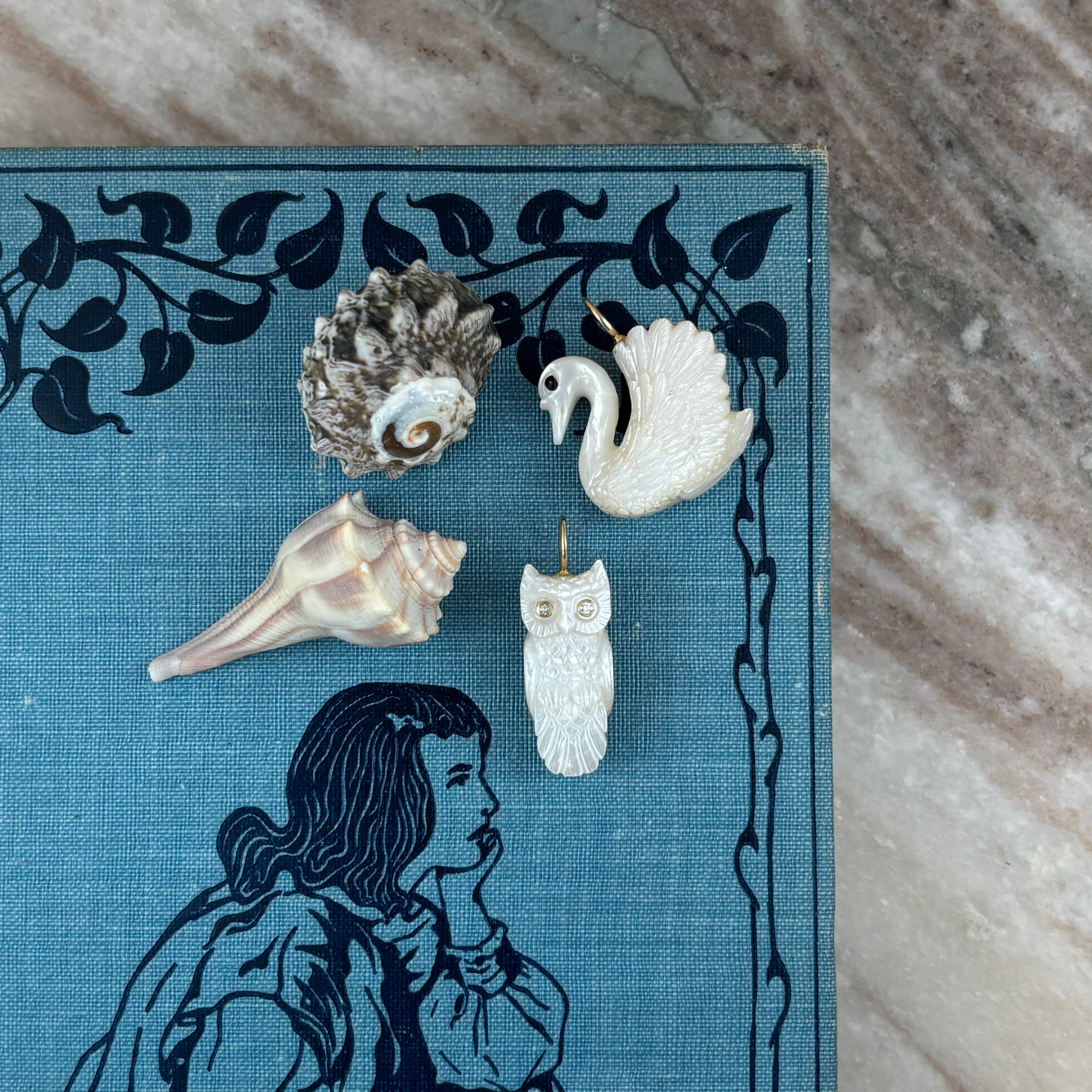 Snowy Mother of Pearl Owl Charm